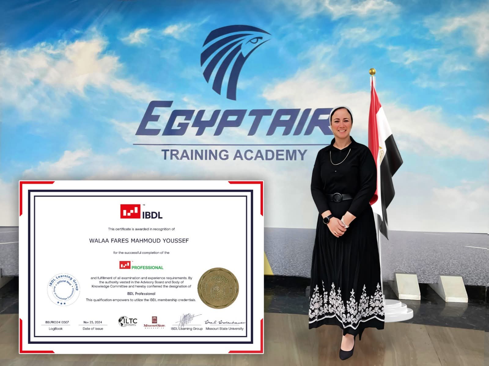 مصر للطيران تحتفي بنجاح قياداتها النسائية.. ولاء فارس تنال شهادة دولية مرموقة من جامعة ميزوري الأمريكية